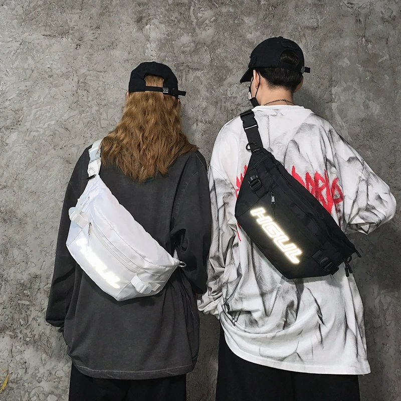 

Street Fashion Hip Hop Unisex Style Men Reflective Chest Bags Men Casual Sling Shoulder Bag Custom Logo, Black in stock,you can contact me to custom more color