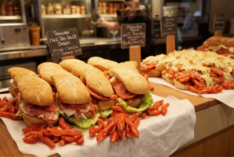 Artisan deli counter displaying freshly prepared red pepper sandwiches and spreads
