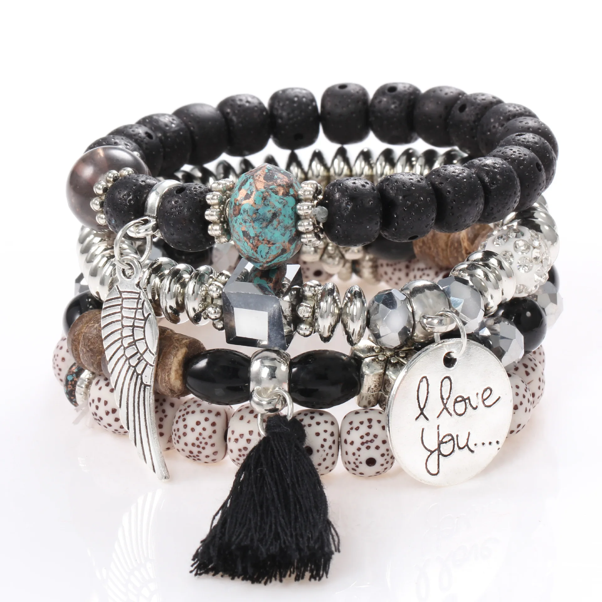 

Weihao Hot Sale New Bohemian Bodhi Bead Bracelet Creative Tassel Multilayer Beaded Bracelet, As picture show