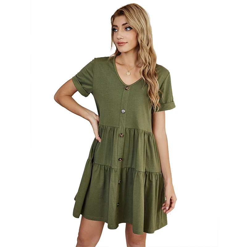 

Wholesale fashion new solid color short-sleeved A-line skirt home casual loose dress button clothes, Shown
