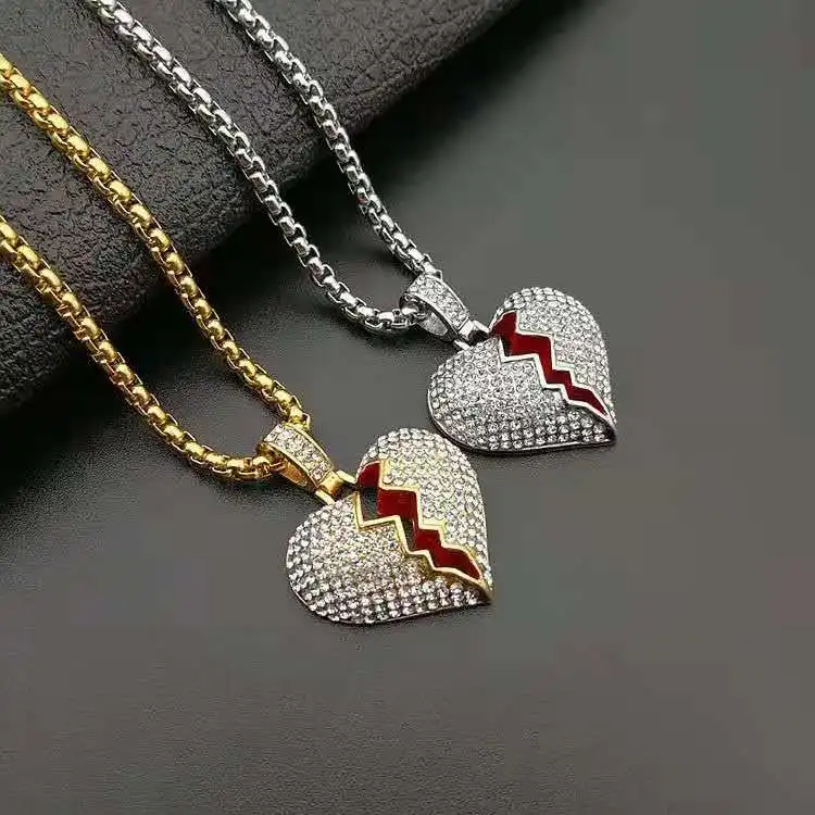 

Factory Unisex Broken Heart Necklace Custom Gold Silver Plated Stainless Steel Chain Hip Hop Broken Heart Pendant Jewelry