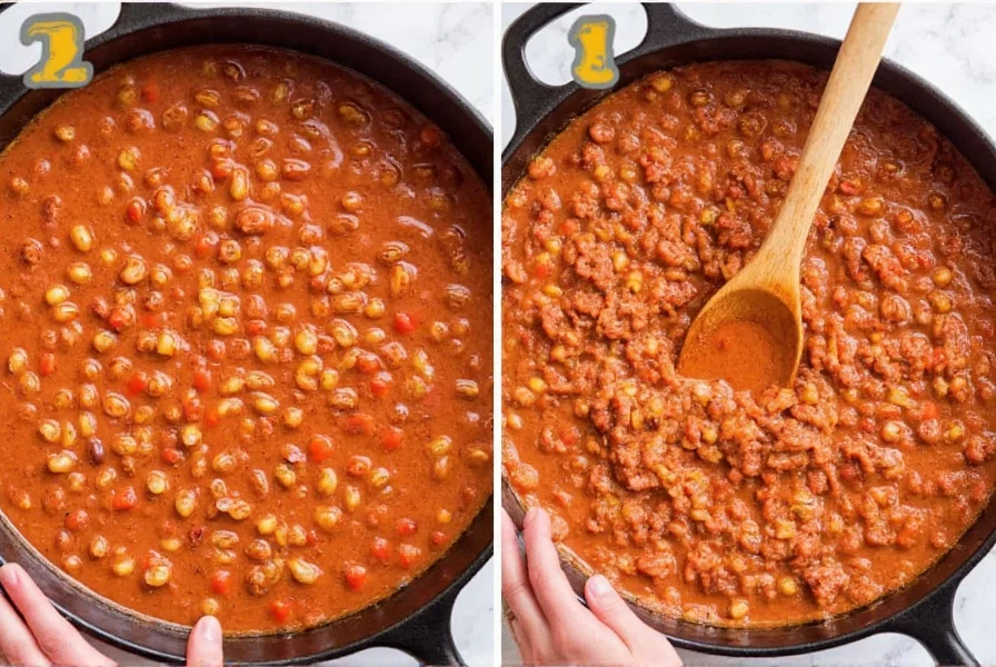 Quick easy chili recipe step showing one-pot cooking method with minimal cleanup