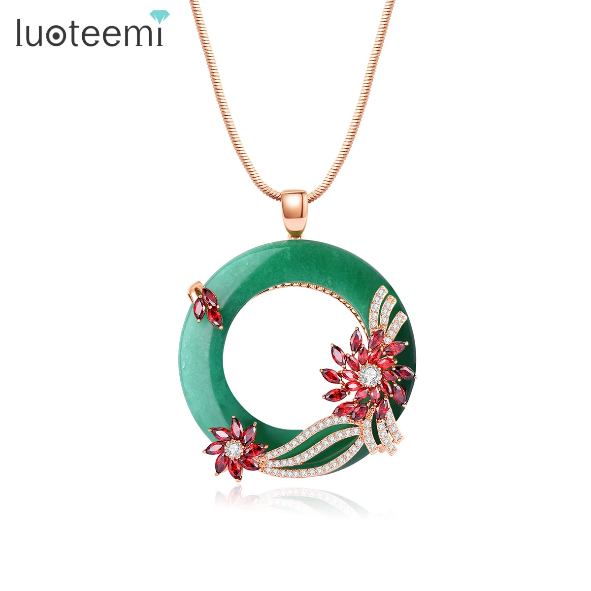 LUOTEEMI Rose Gold Plated Woman Fashion Long Chain Big Cz Flower Pendant Sweater Necklaces