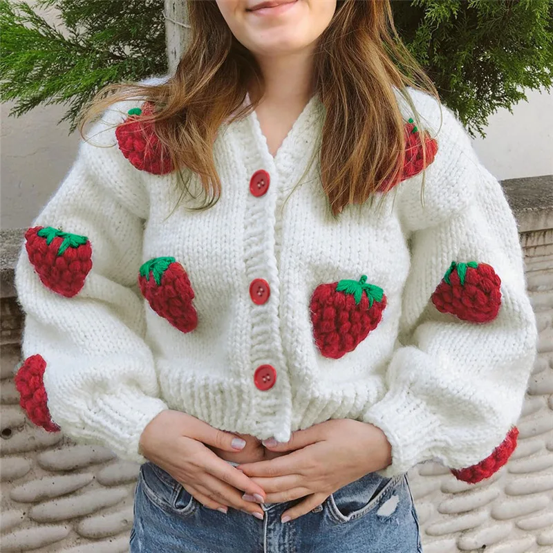 

Fashion Girls Single Button Strawberry Knit Women's Cardigan Sweater 2021, Customized