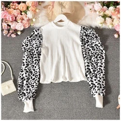

Fall New Summer Slim Designed Puff Sleeve Patchwork Knitted Women Blouse Office Shirt Fashion Tops, 5 colour