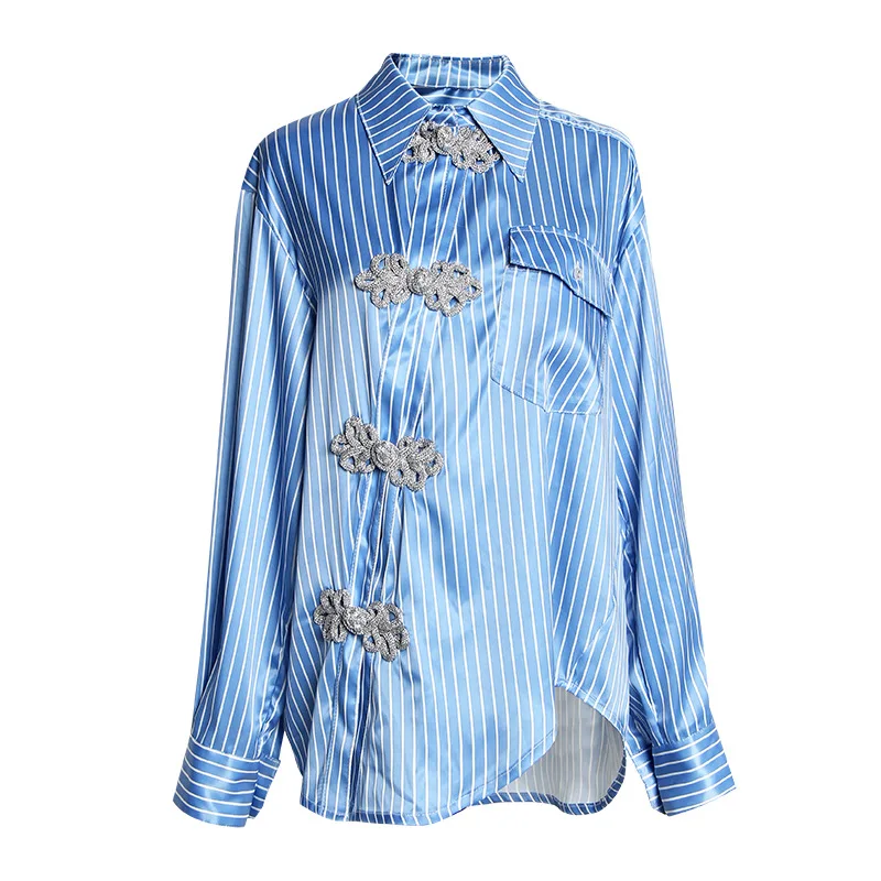 

high quality woman clothing new arrival design stylish turn down collar long sleeve vintage stripe irregular blouse