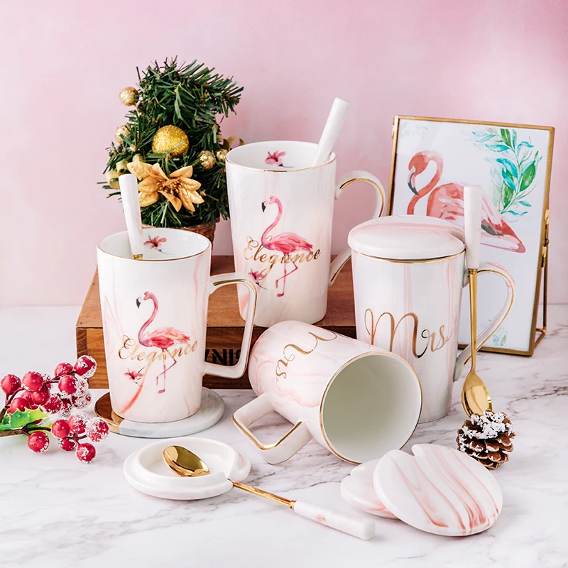 

porcelain cup nordic design with lid and spoon gold rimmed cup mugs pink marble coffee ceramic mug flamingo, Customized colors acceptable