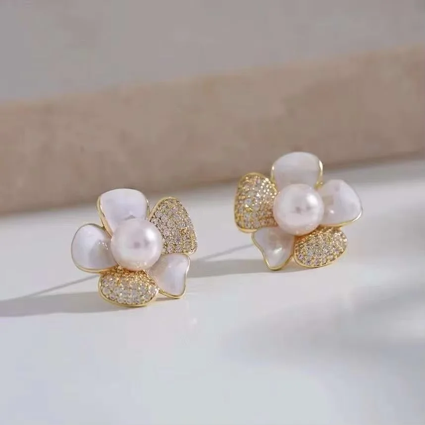 Micro Set Zircon Flower Shell Stud Earrings with Natural Freshwater Pearl Stud Earrings Women's Pearl Jewelry