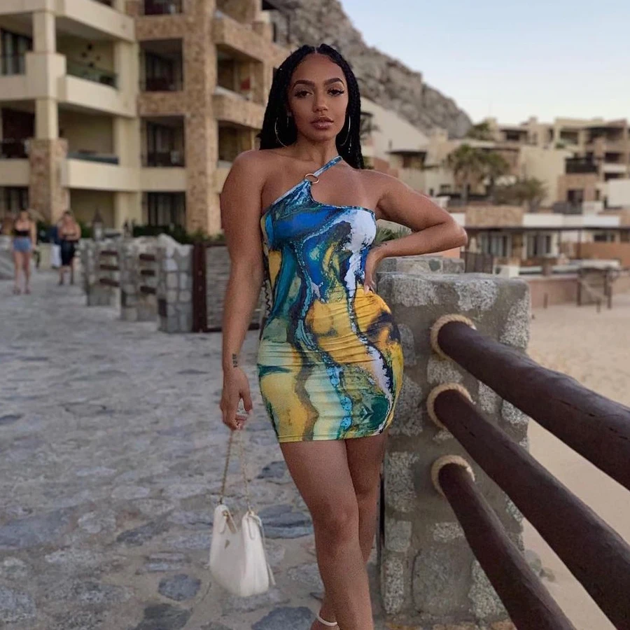 

Nibber K21D02601 Wholesale Custom One Shoulder Slash Neck Sleeveless Bodycon Printed Sexy Beachwear Minidress Women Summer Dress, Blue