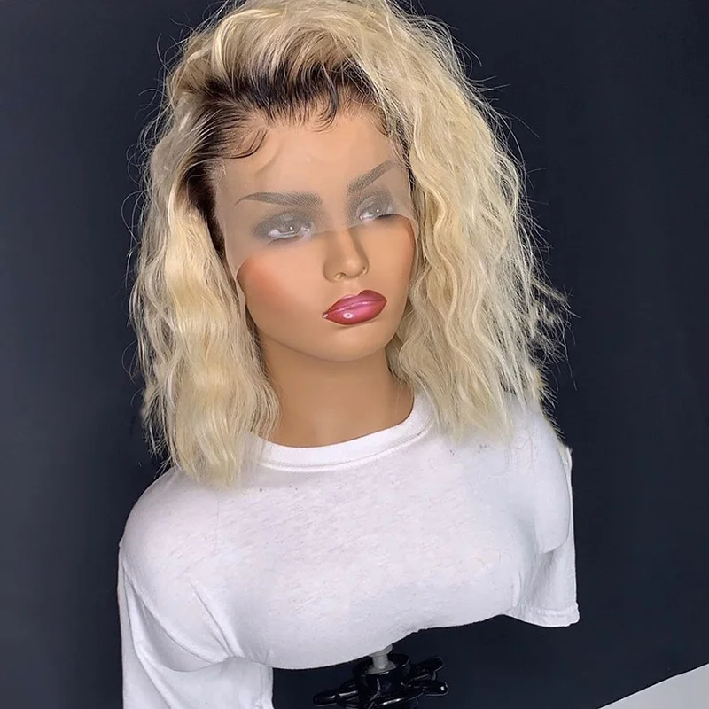 

Wholesale 14inch Water Wave Bob Wig Lace Front Human Hair Virgin Blonde Wig For White Women Wigs