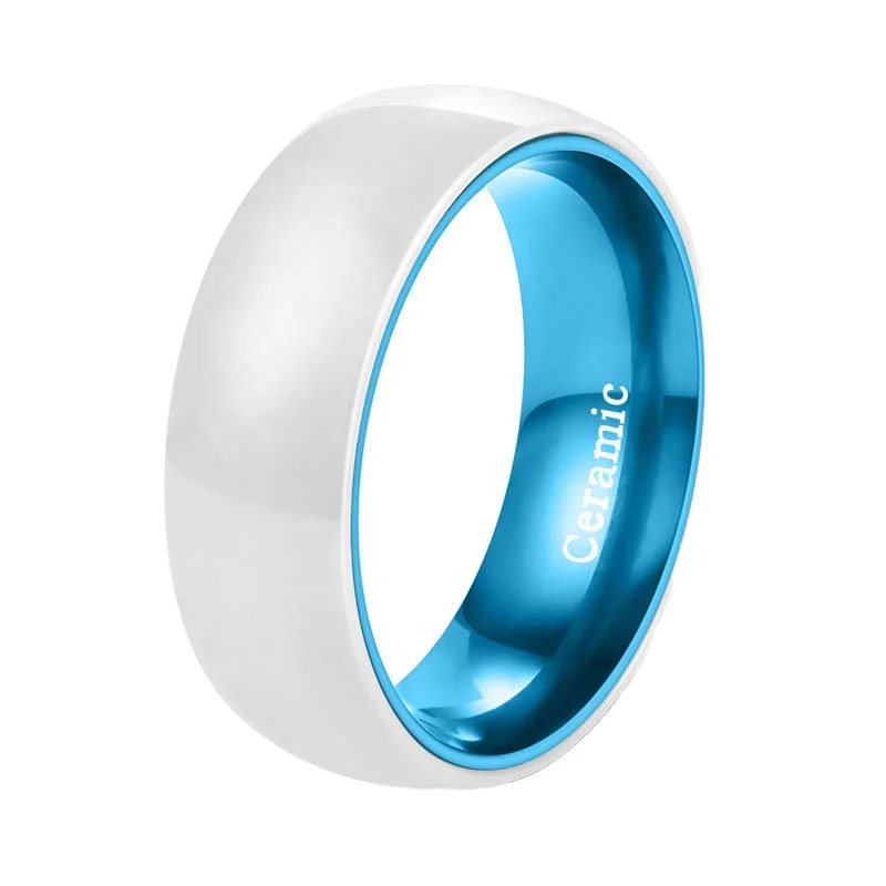 POYA Jewelry 8mm High Polished White Ceramic Ring With Anodized Light Blue Aluminum Sleeve Inlay Wedding Bands for Men and Women