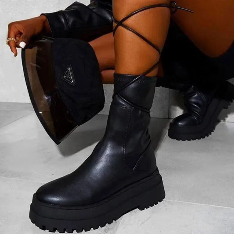 

New Factory Ladies Winter Thigh High Leather Flat Army Short Women Platform Snow Ankle Boots, Black,white