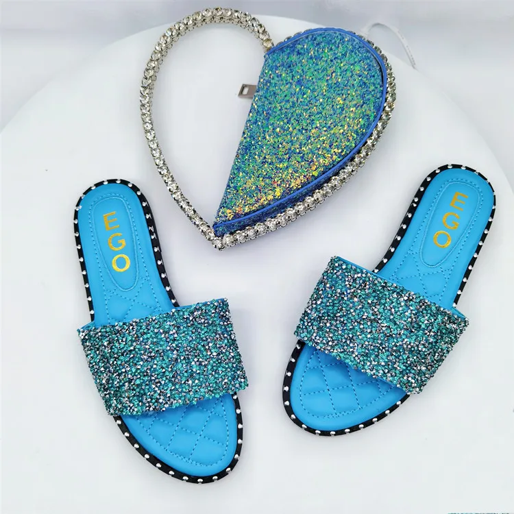 

PDEP hot sale new arrival women beach sandals diamond women rhiesone shoes flat side sandals matching bags and slippers sets, As picture