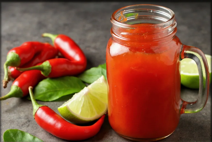 Homemade chili lime sauce in glass jar with fresh limes and chili peppers