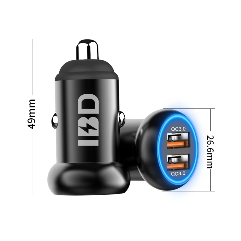 

IBD 2021 Car Charger Aluminium Alloy 36W Mini Chargers With Dual Ports Led Light QC 18W Car Charger