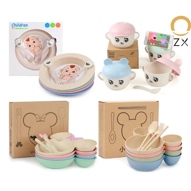 

2020 Amazon Top Seller Factory Price Customized Bamboo Fiber Animal Children Dish Cup Fork Spoon wheat straw Tableware Sets, Colorful