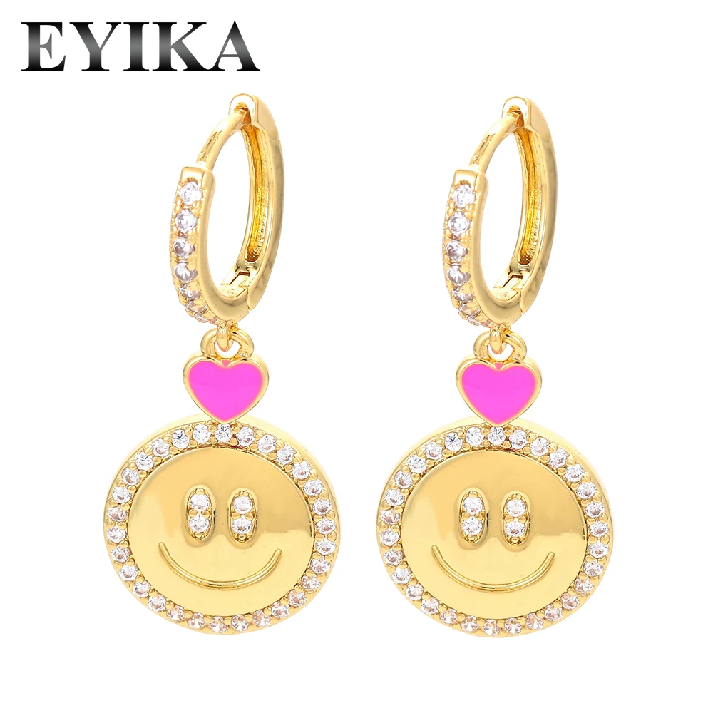

Zircon Smile Face Pendant Earring 18K Gold Plated Enamel Hoop Earrings For Women Girls Jewelry Wholesale
