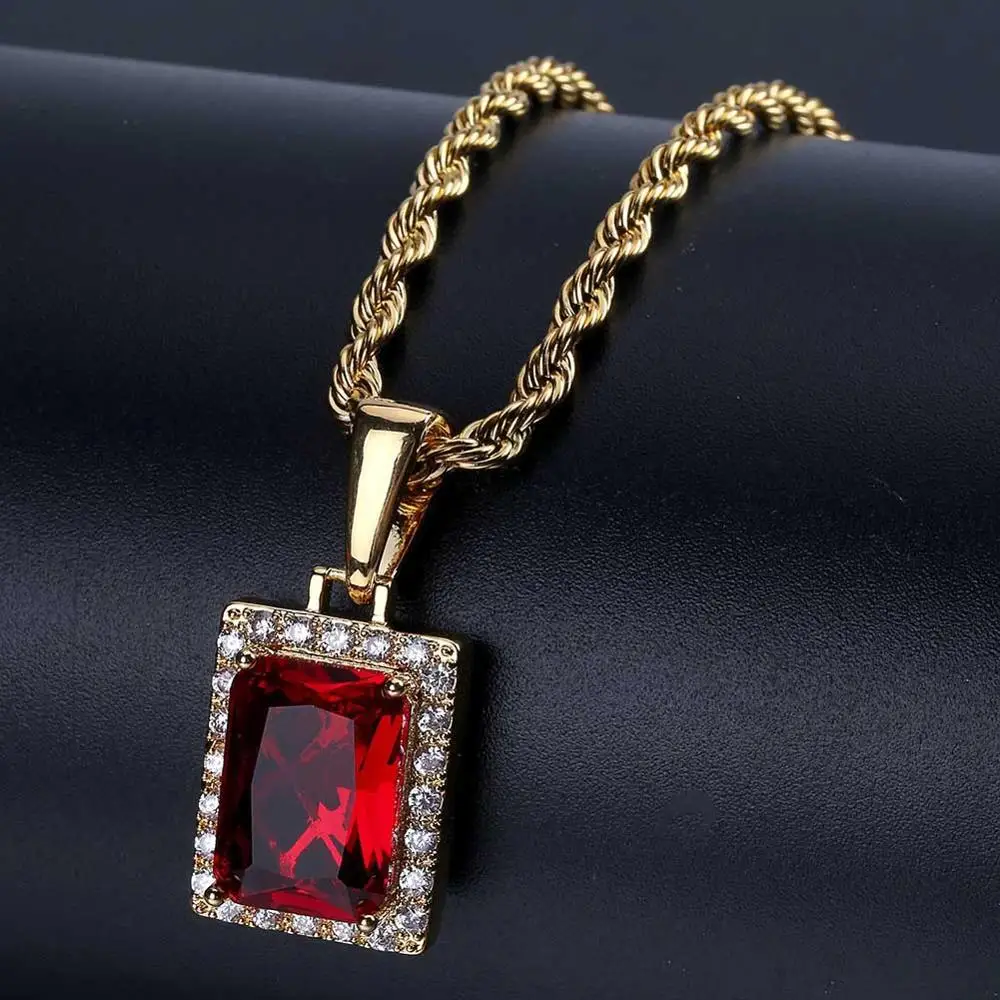 

Designer Hip hop Multi-color CZ Gemstone Square Crystal Rhinestone Ruby Pendant Men Necklace