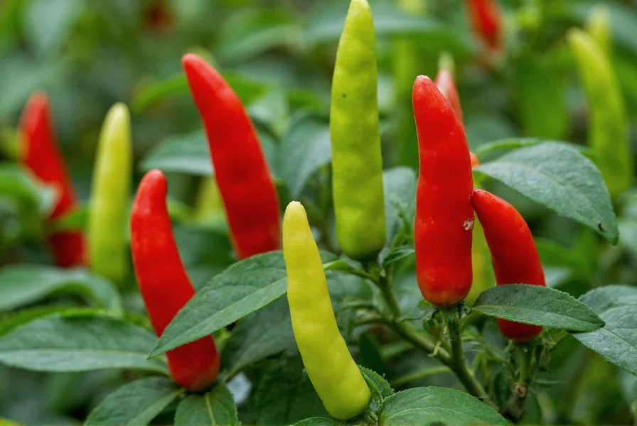 Close-up photograph of Peter pepper chili plants showing slender red and green peppers growing on bushy plant with dark green leaves