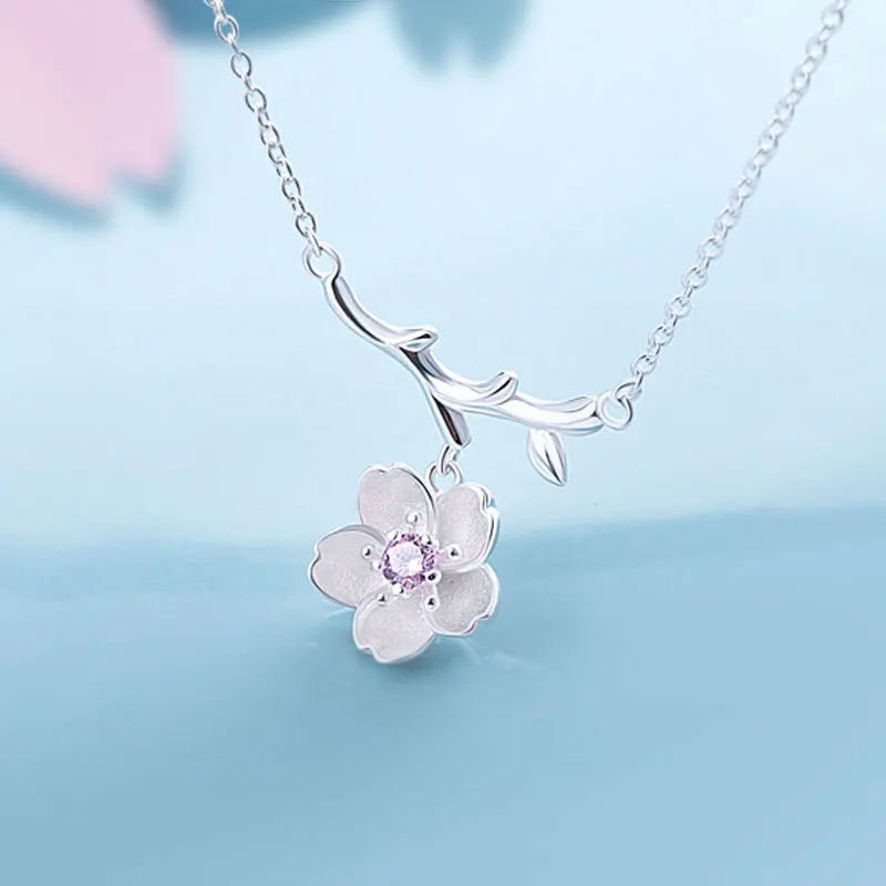

Elegant Sterling Flower Pendant Necklace 925 Silver Clavicle Chain Tree Flower Sakura Charm Necklace For Women