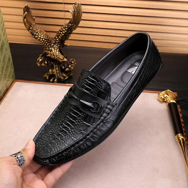 

Men's American dropship crocodile skin genuine moccasins leather shoes wholesale china casual loafers, Black