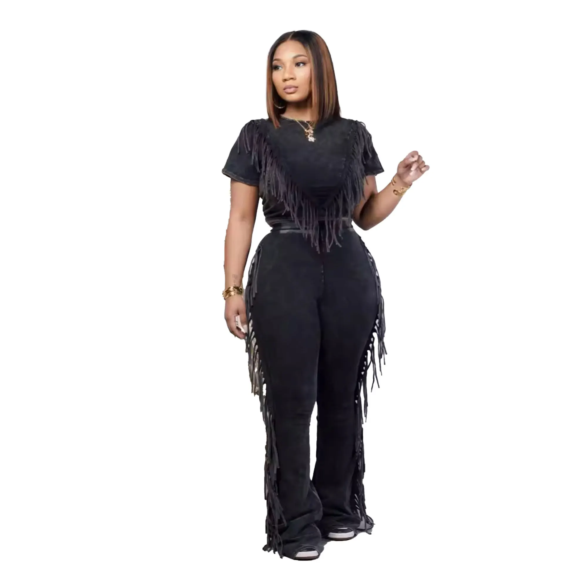 Wholesale Clothing 2024 Fall Women Tracksuit Sets Stretchy Plus Size Women Sets Tassels Streetwear Two Piece Pants Set
