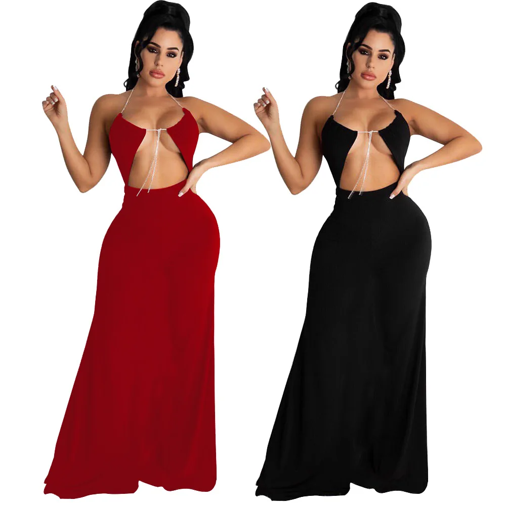 

Halter Hollow Out Lady Elegant Girls Solid Color Maxi Dresses Women