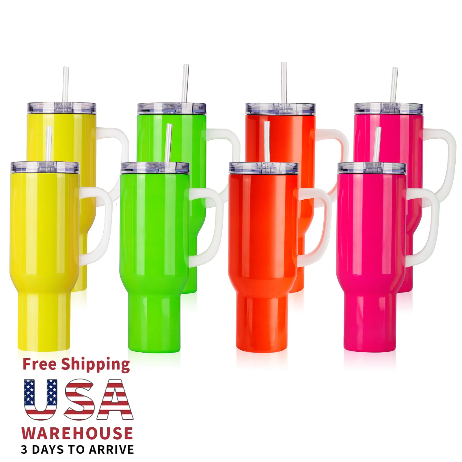 USA Warehouse Free Shipping 8 Pcs 40 OZ Neon Sublimation Tumblers Leakproof Lid Mixed 4 Colors 40oz Neon Tumbler With Handle