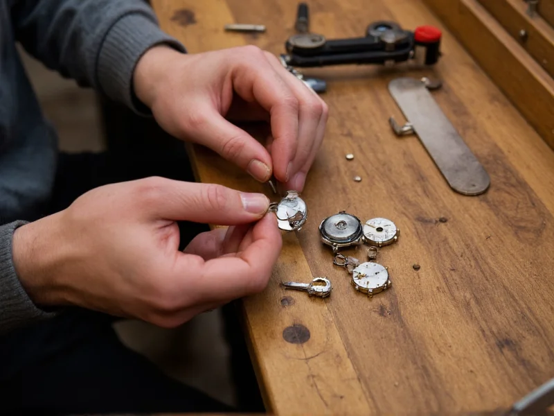 Hand assembling watch components on wooden workbench