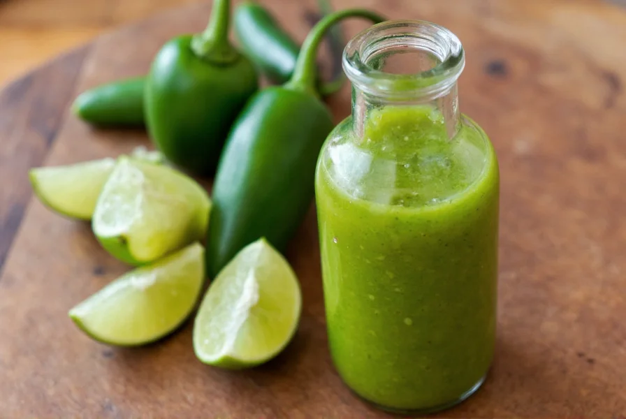 Glass bottle filled with vibrant green serrano pepper hot sauce next to fresh serrano peppers and lime wedges on wooden kitchen surface