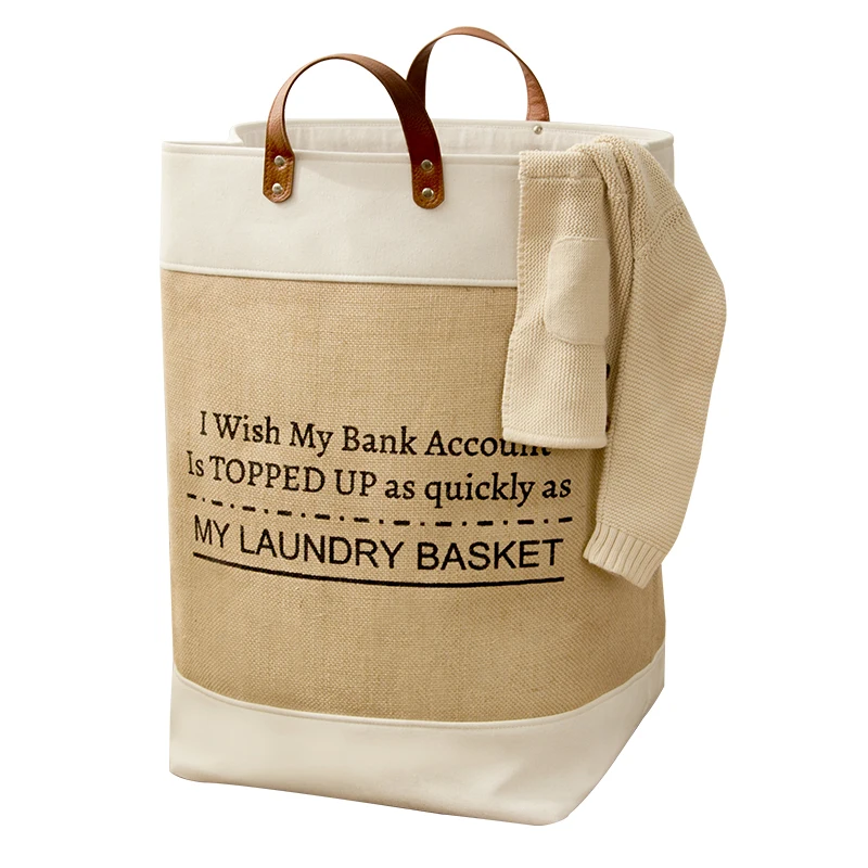 

Europe Hot Selling Collapsible Jute Eco-friendly Laundry Basket with Leather Handle, Customized