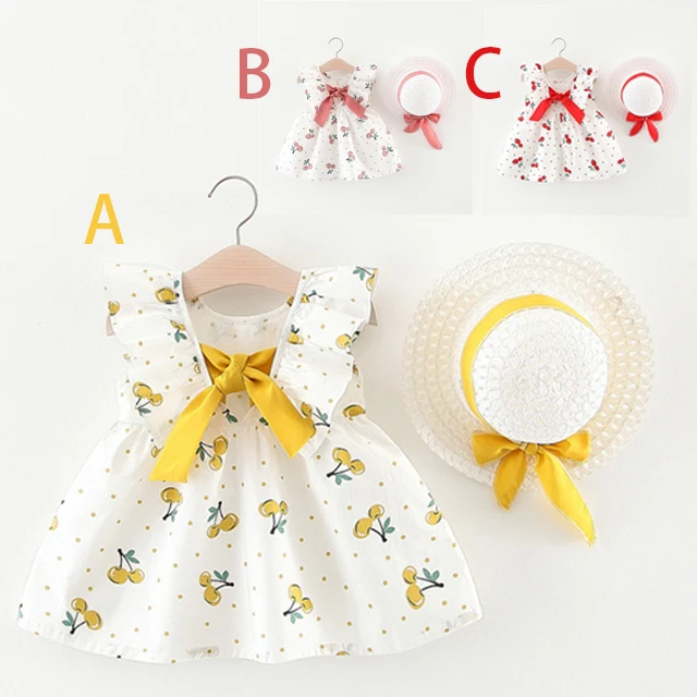 Summer latest trend hot sell Cute Kids Clothing cherry sling cherry straw skirt with hat Casual Dress Baby Girl Dress