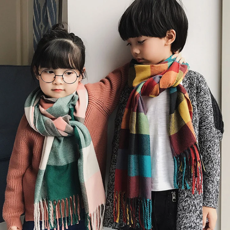 
Fashion design children unisex autumn winter shawl long tassel plaid scarf 