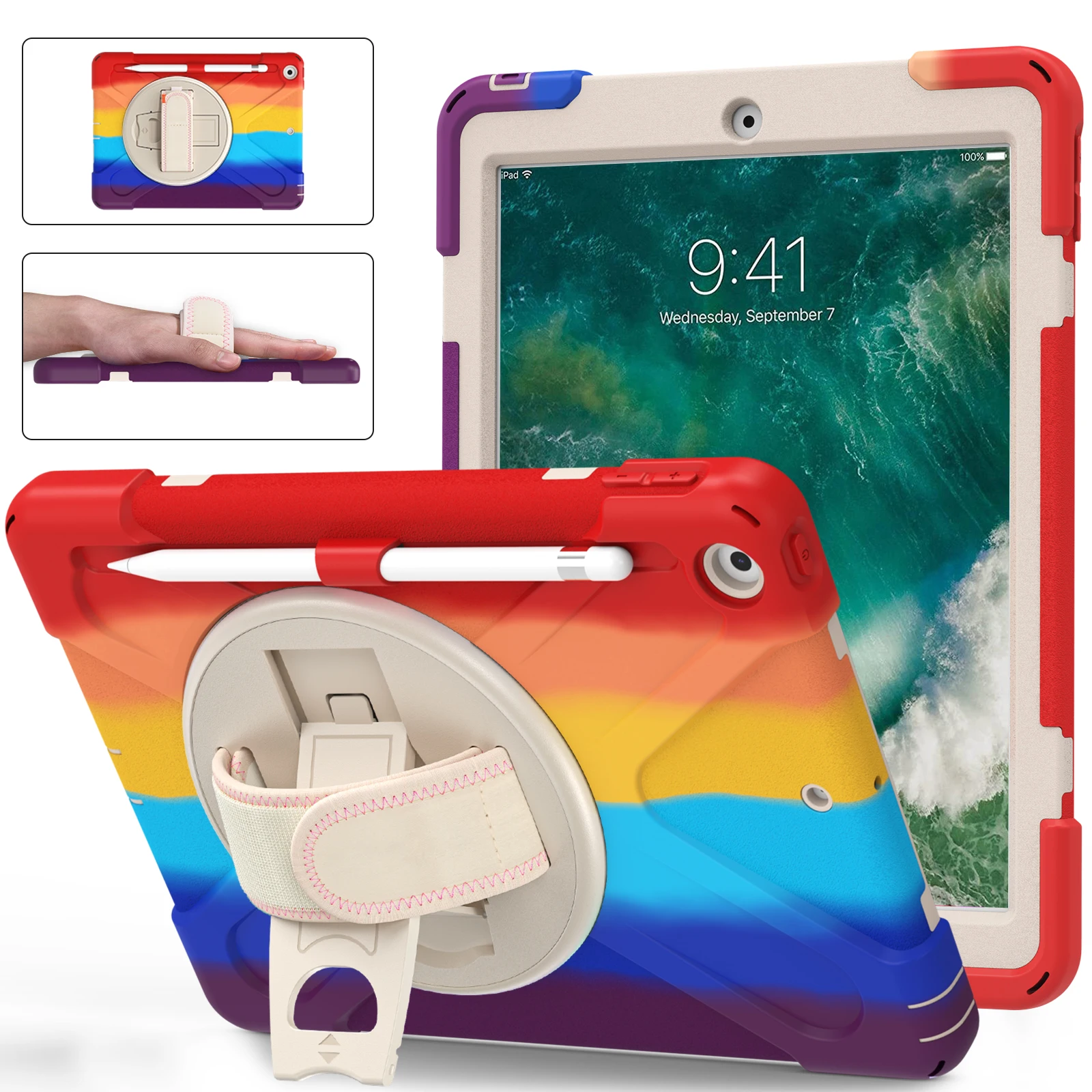 

DHL Free Colorful Symmetry Case For New iPad 9.7 2017 2018 Cover Defender Shockproof Kickstand Hand Strap Shell