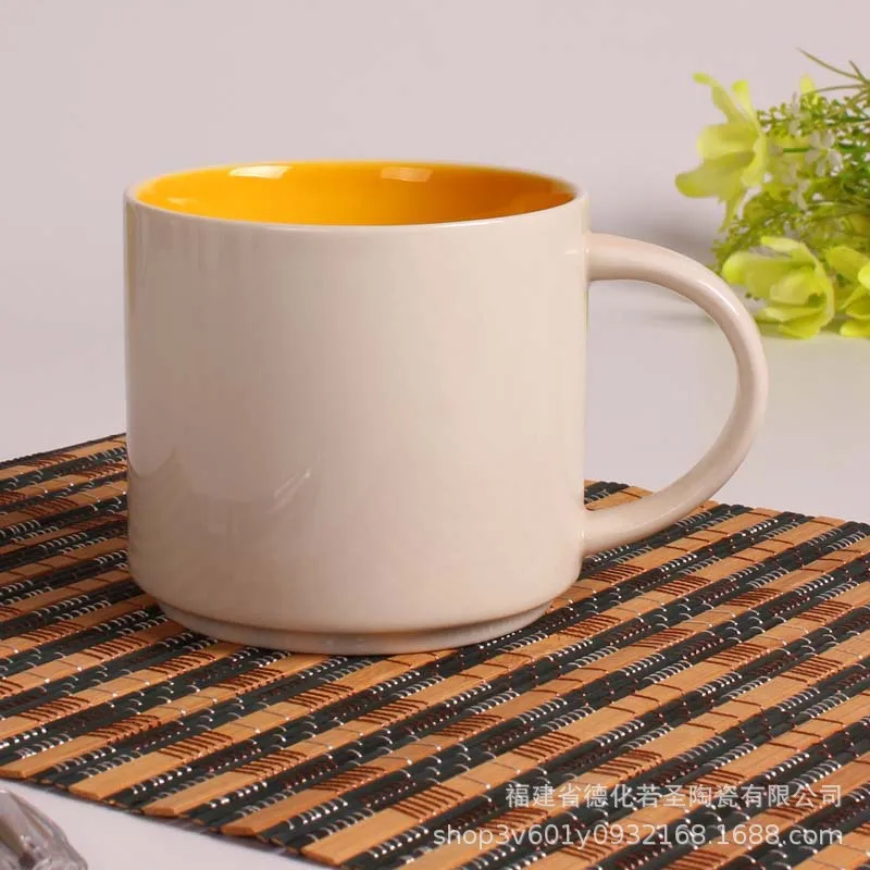 

Low MOQ 1 pc stock available glossy white with yellow orange inside bone china ceramic coffee mug cup