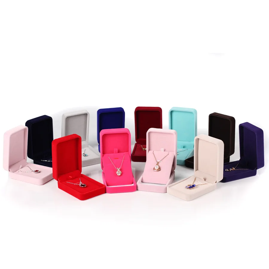 

Wholesale custom logo velvet flocked fabric necklace gift boxes flip pendant jewelry packaging box, 12 colors