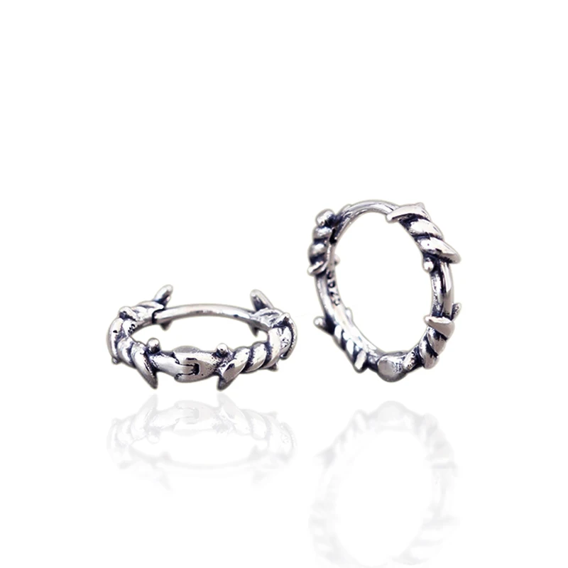 EDY077 Vintage Silver 925 Sterling Rattan Thorns Simple Ear Jewelry Fashionable Hoop Earrings for Men Women for Weddings Gifts