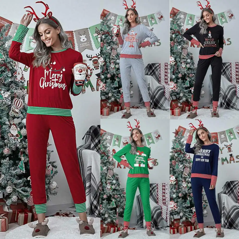 

super plus size 2021 hot sale Christmas long-sleeved printed striped patchwork pajamas home wear women