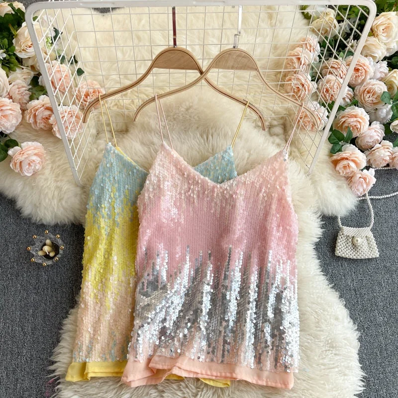 

B13855A new arrival lady paillette vest shirts tops