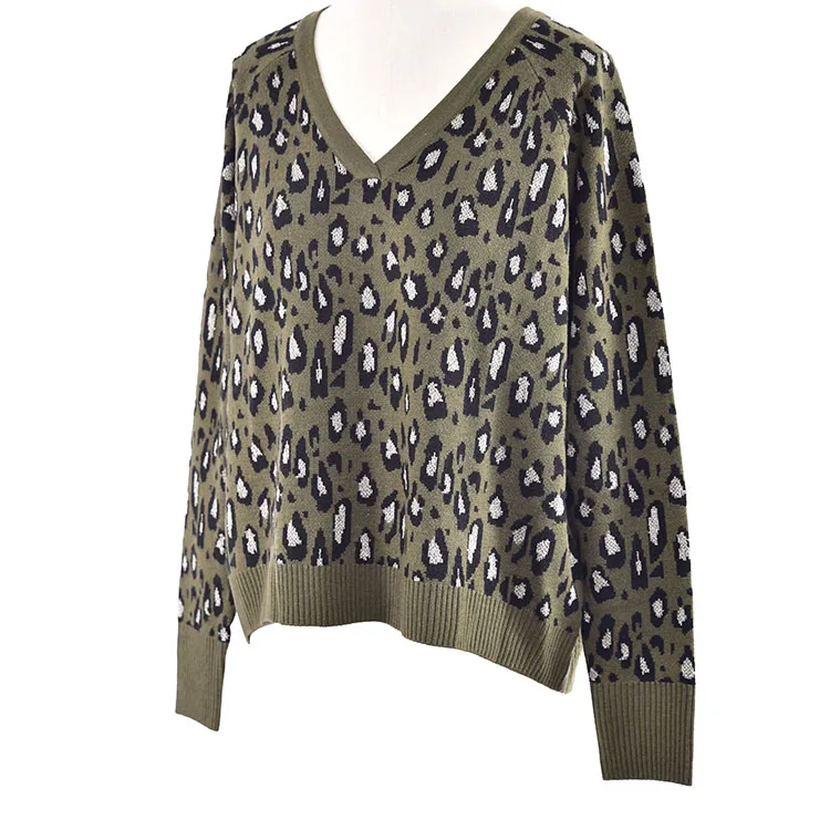 

Women Fall Leopard Jacquard V-neck Off-shoulder Casual Knit Tops