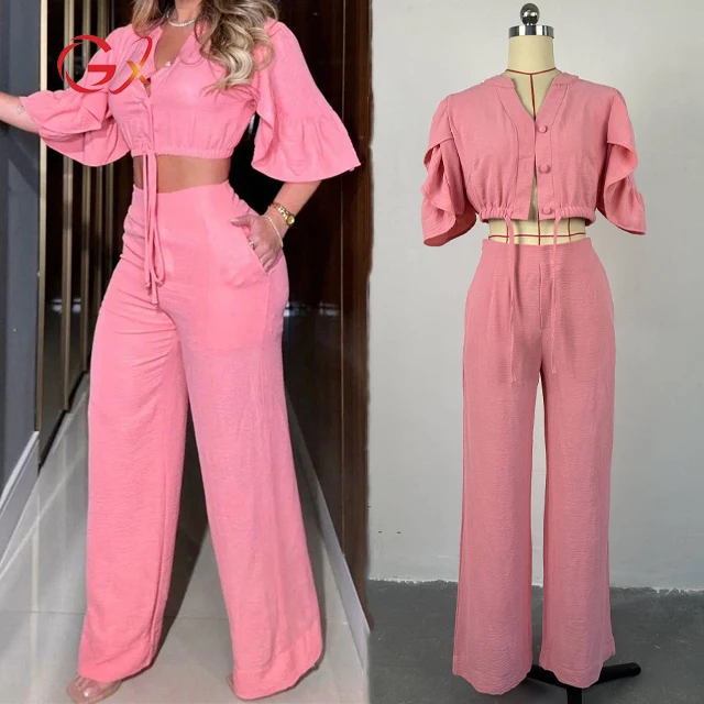 

GX6851 Fashion Spring Summer Clothing Vendor Women Half Flare Sleeve V-Neck Button Cropped Tops and Wide Leg Pant 2 Piece Set