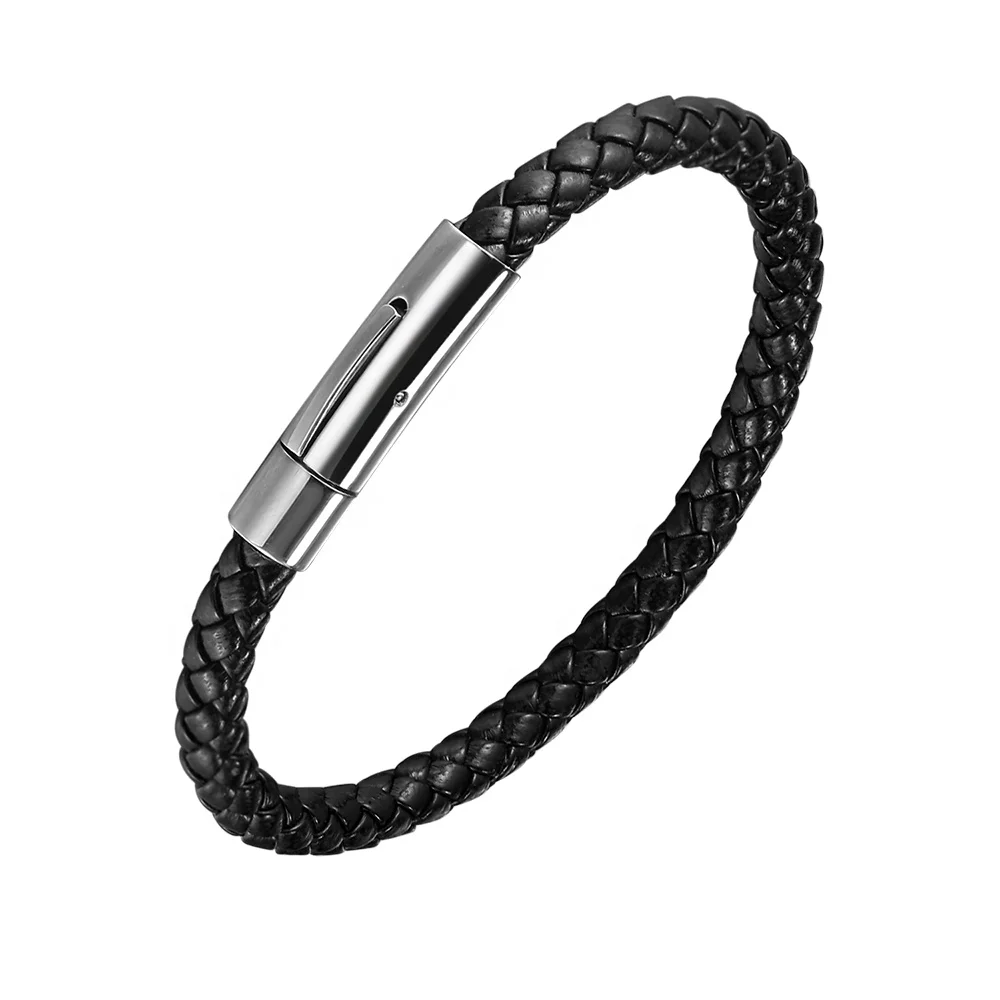 

Luxury Fashion Unisex Customizable Bijoux Straps Bracelet with Stainless Steel Jewelry Braided Leather Men Black Trendy BANGLES