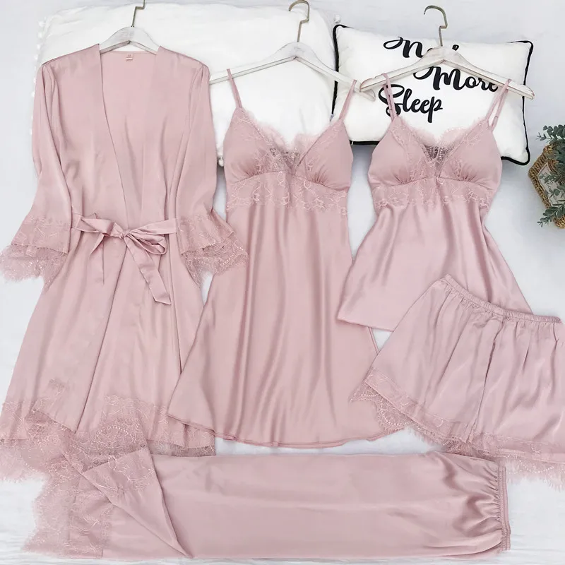 

Solid Plain Satin Sleepwear Luxury Ice Silk Pajamas Women Comfortable Lace Lounge Wear Pyjama 5 Piece Set