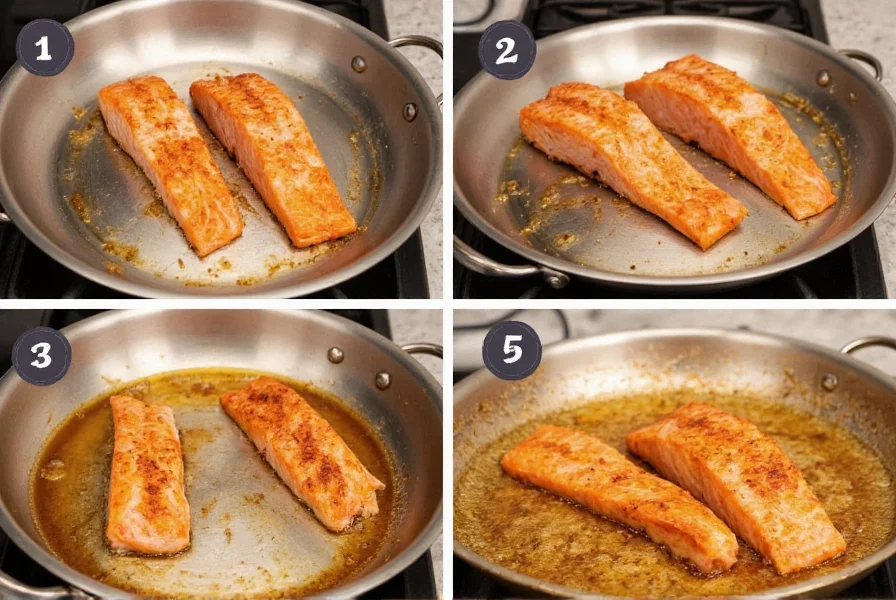 Step-by-step cooking process showing salmon searing in pan with soy ginger marinade