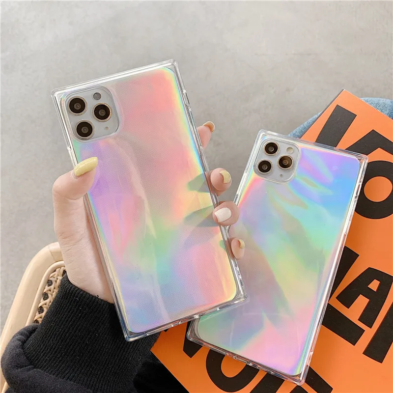 

square rainbow gradient color tpu cases for iphone 12 pro max, holographic cell phone case for iphone 11