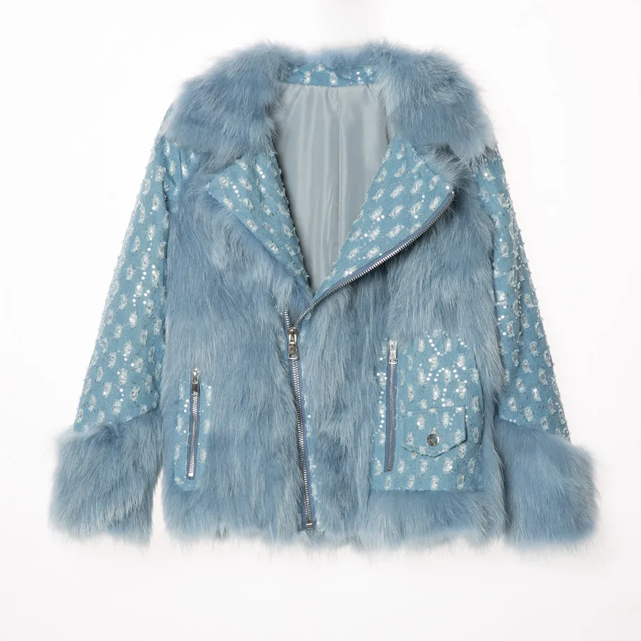 

QIUCHEN Fashion Coat Breathable Winter Short jean Real Fox Fur denim jacket for women QC21031, Blue