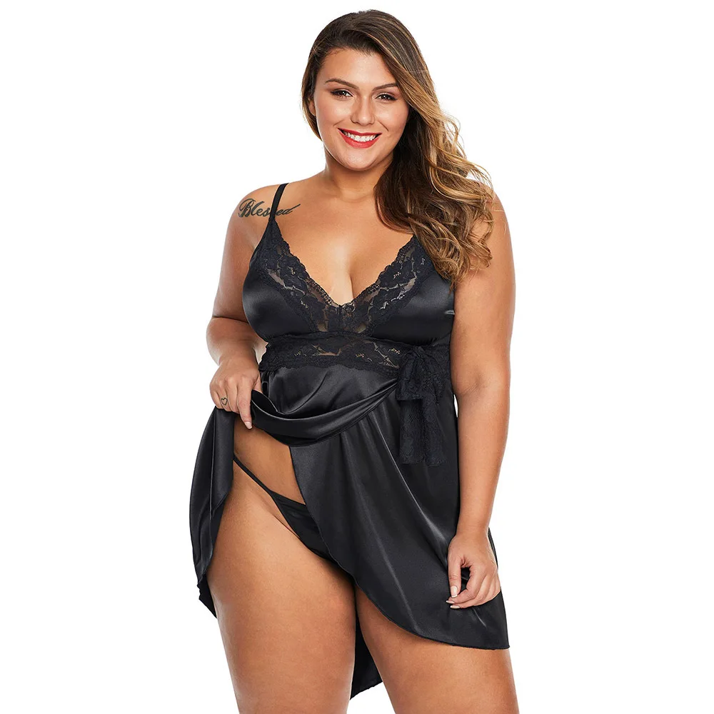 

Hot Sale Big Size V-neck Sexy Nightdress Suspenders Lace Big Size Pajamas Set