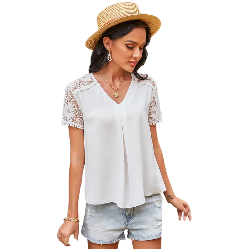 

Leisure Fashion 2021 Summer Women's Round Neck Casual Solid Colour Loose t-Shirt Lace sleeve elegant Sweet, As picture or customised
