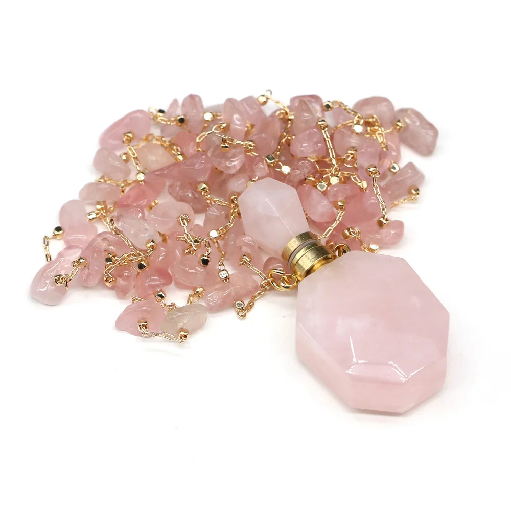 

Natural Stone Perfume Bottle Necklace Semi-precious Stone Beaded Chain Irregular Pink Quartz Pendant Necklace For Women