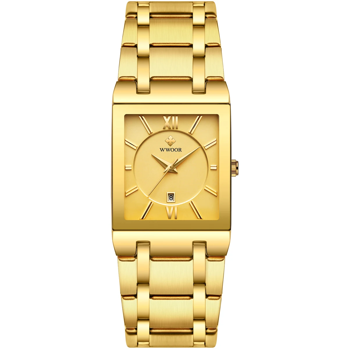 

WWOOR 8858 Men Gold Watch Quartz Stainless Steel Waterproof Wristwatches Business Men Square Sport Watch High Quality